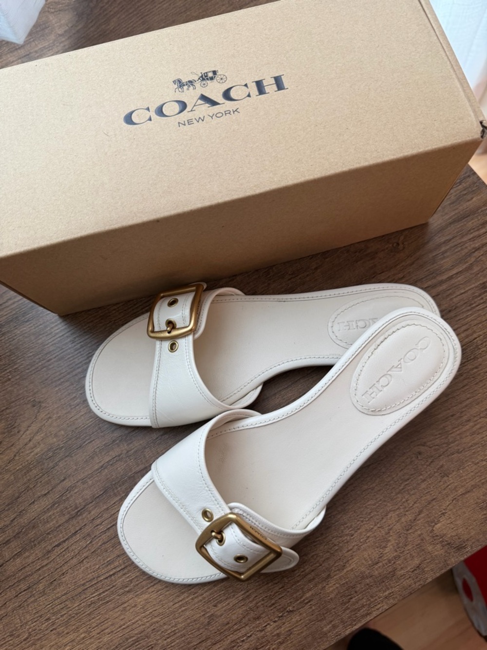 COACH Cream Leather Slide Sandals with Gold Buckle